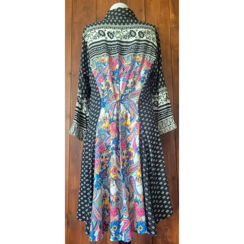 Cyrena by Anthropologie L Tunic Dress Black White Boho Floral Pleated Back Flowy